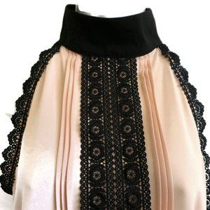 New York & Co Blouse Peach Pintucks Black Lace Panel Sleeveless Shell M